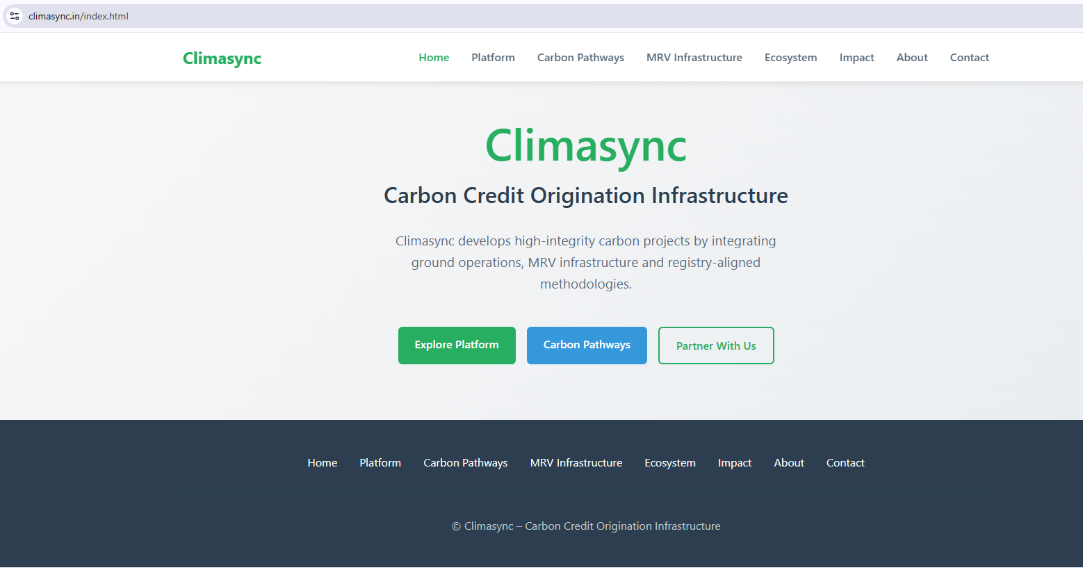 Climasync homepage with the headline Carbon Credit Origination Infrastructure