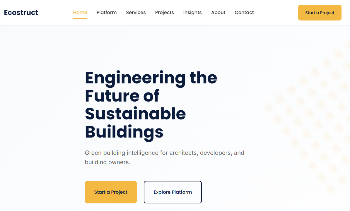 EcoStruct homepage with the headline Engineering the Future of Sustainable Buildings