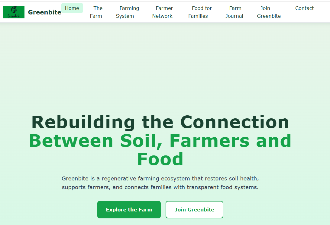 GreenBite Farm homepage with the headline Rebuilding the Connection Between Soil, Farmers and Food