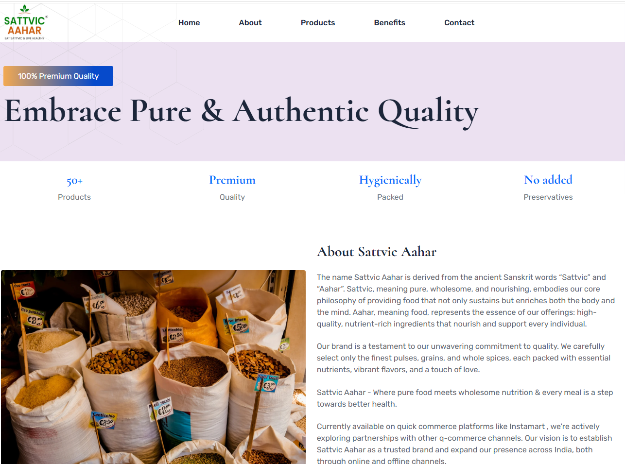 Sattvic Aahar homepage with the headline Embrace Pure and Authentic Quality and a photo of grains and pulses