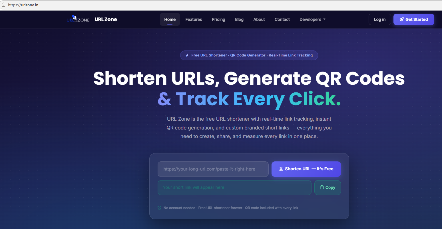 URLZone homepage with a URL shortening form and the headline Shorten URLs, Generate QR Codes and Track Every Click
